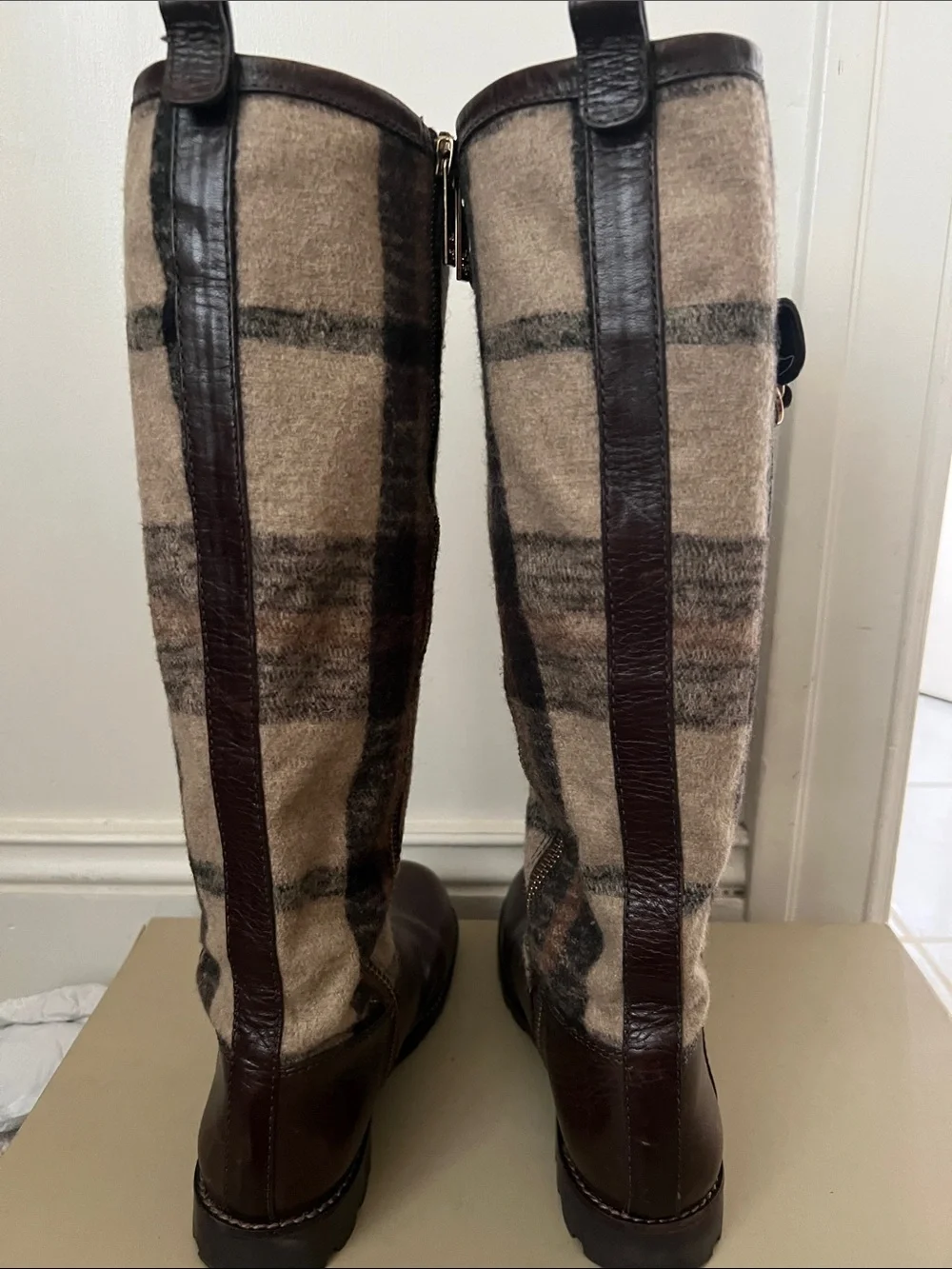 Tory Burch Brown Leather & Plaid Over-the-Knee Lace-Up Boots
